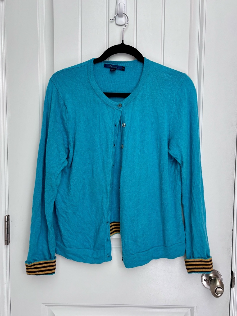 Vintage Blue Lightweight Cardigan with Striped Cuff Detail, cotton cashmere
